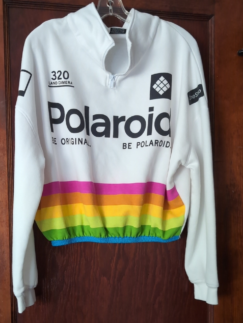 Polaroid White Half-Zip Pullover with Rainbow Hem